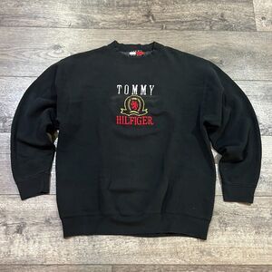 Vintage 90s Black Tommy Hilfiger Embroidered Crest Logo Sweatshirt Black Mens XL